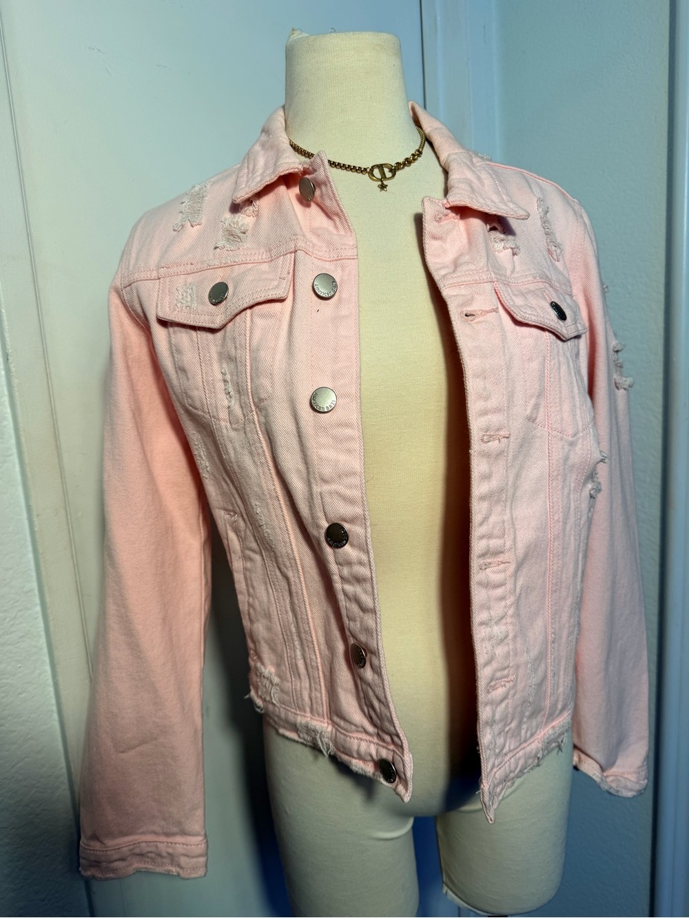 American Bazi Pale Pink Distressed Denim Jacket